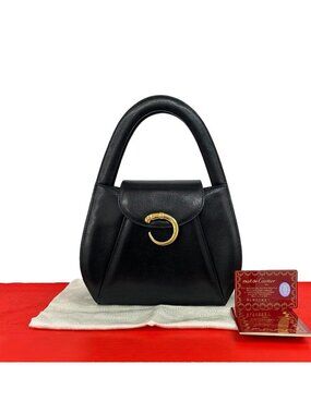 Cartier Vintage Panthere Leather Handle Mini Tote Bag Black